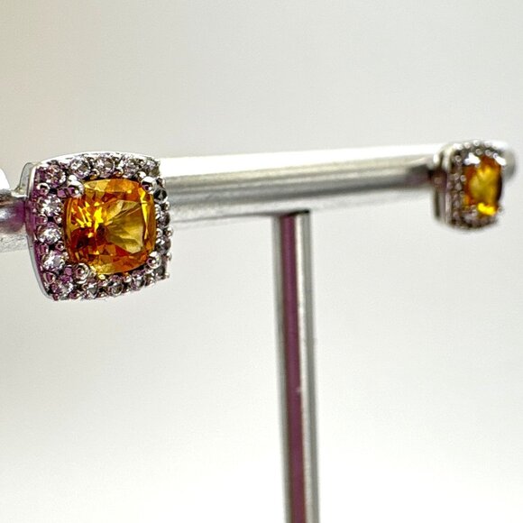 VTG Sterling Silver 925 Lemon Yellow Quartz CZ Halo Stud Earrings Size 8x8 mm - Picture 8 of 13